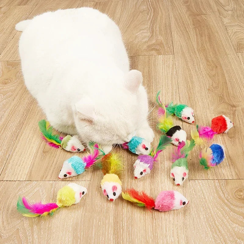 Interactive Cat Toy Realistic Mouse Shape with Rabbit Fur Feathers for Kitten Indoor Play Exercise Hunting Training