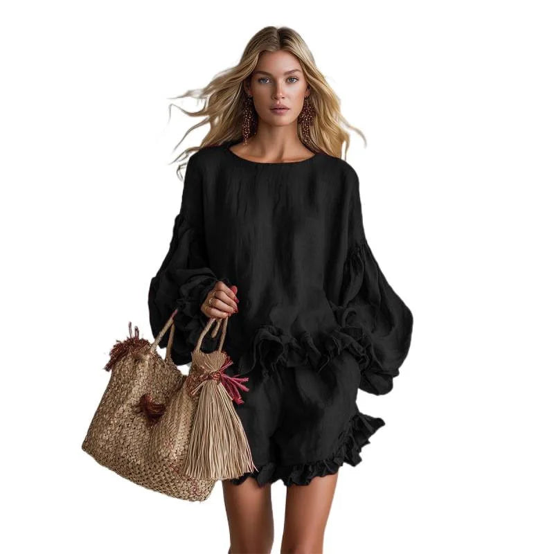 Women's Fashion Loose Lantern Sleeve Top & Ruffled Shorts Two-piece Set for Spring and Summer
