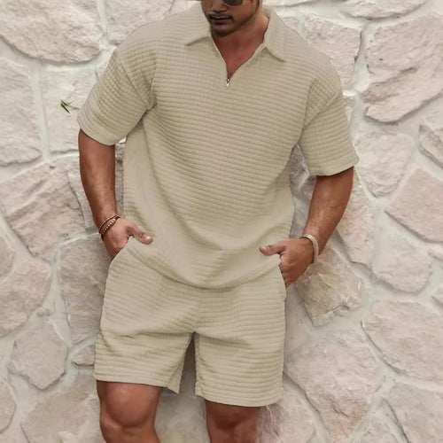 2025 Summer Men's Set New Fashionable Style Simple Waffle Color Solid Color Collar Polo Shirt Short Sleeve Shorts Sports Set