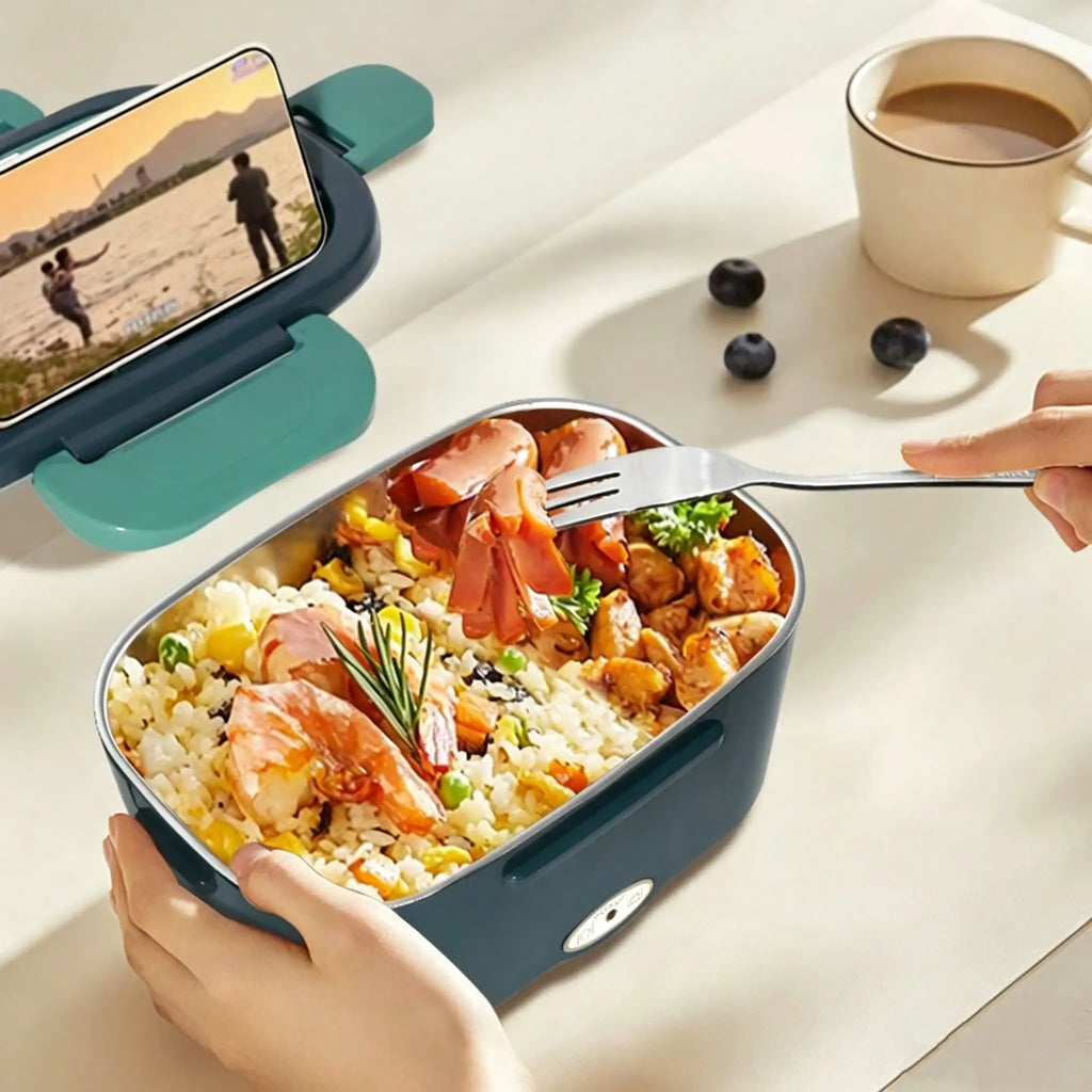 Electric Heating Lunch Box; 1.5L 304 Stainless Steel Dual Compartment Food Warmer, 12V Car Use, Portable Heated Bento Box With Fork, Spoon & Insulated Bag, Viral Must-Have For Office, Travel & Road Trips, Perfect Gift For Commuters, Drivers