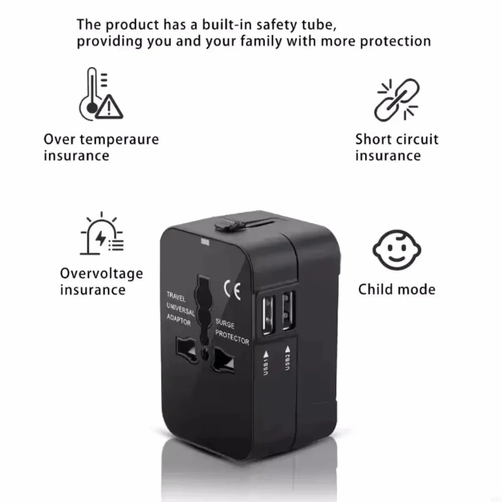 International Travel Plug Adapter EU US UK AU to Universal AC Power Converter Socket with 2 USB Ports Safety Shutter Locking