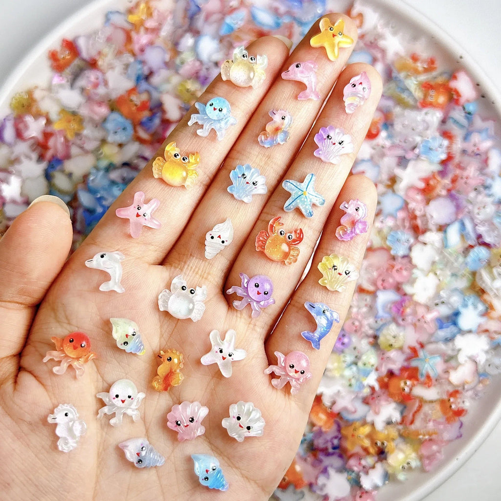 30PCS Multiple Style Cute Octopus Conch Resin Nail Art Decorations Cartoon Luminous Big Eye Seastar Dolphin Nail Charms DIY Nail