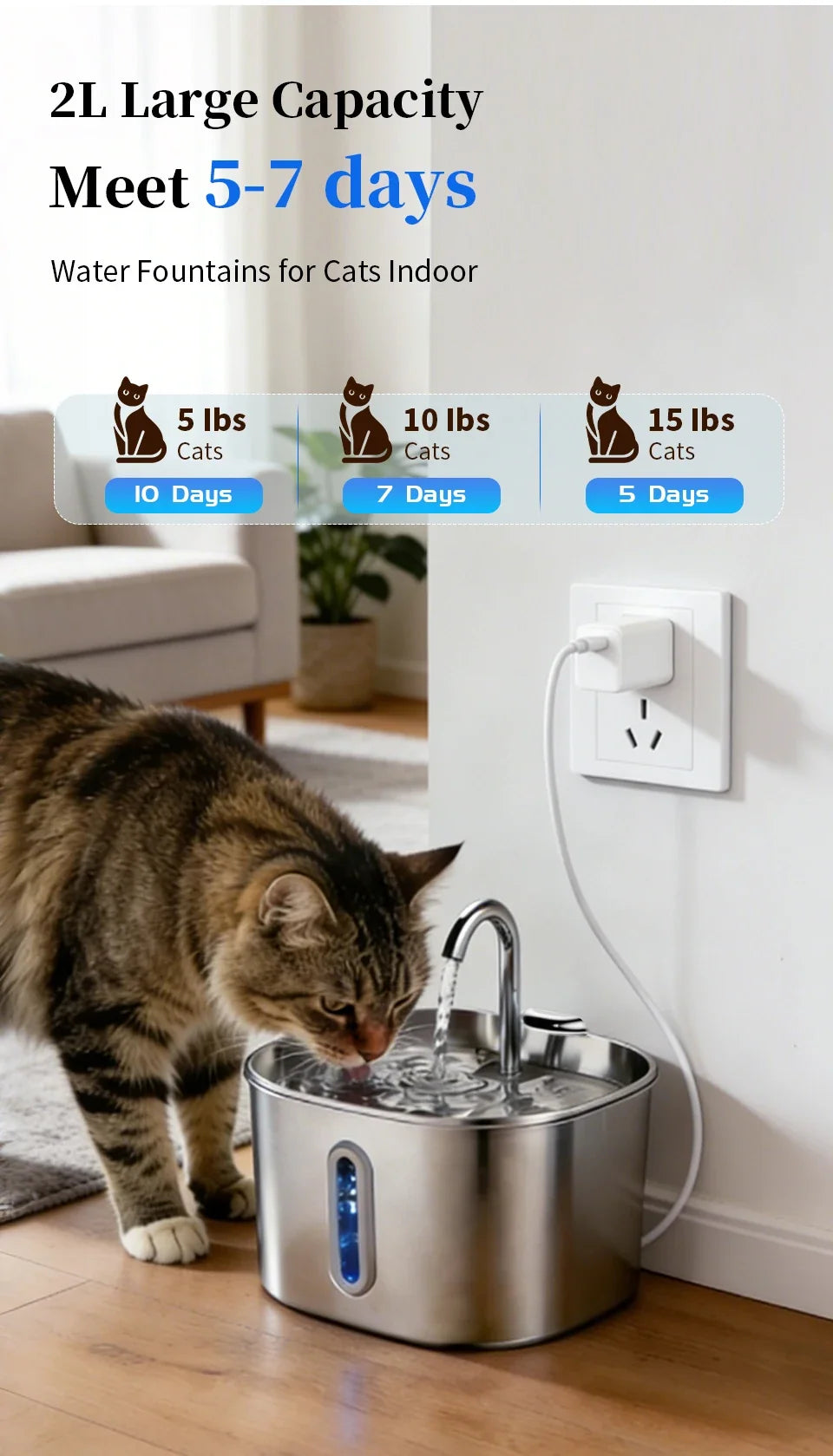 Large Capacity Cat Water Fountain Stainless Steel Automatic Pet Drinking Fountain for Indoor Cats Dogs Quiet Cat Water Dispener