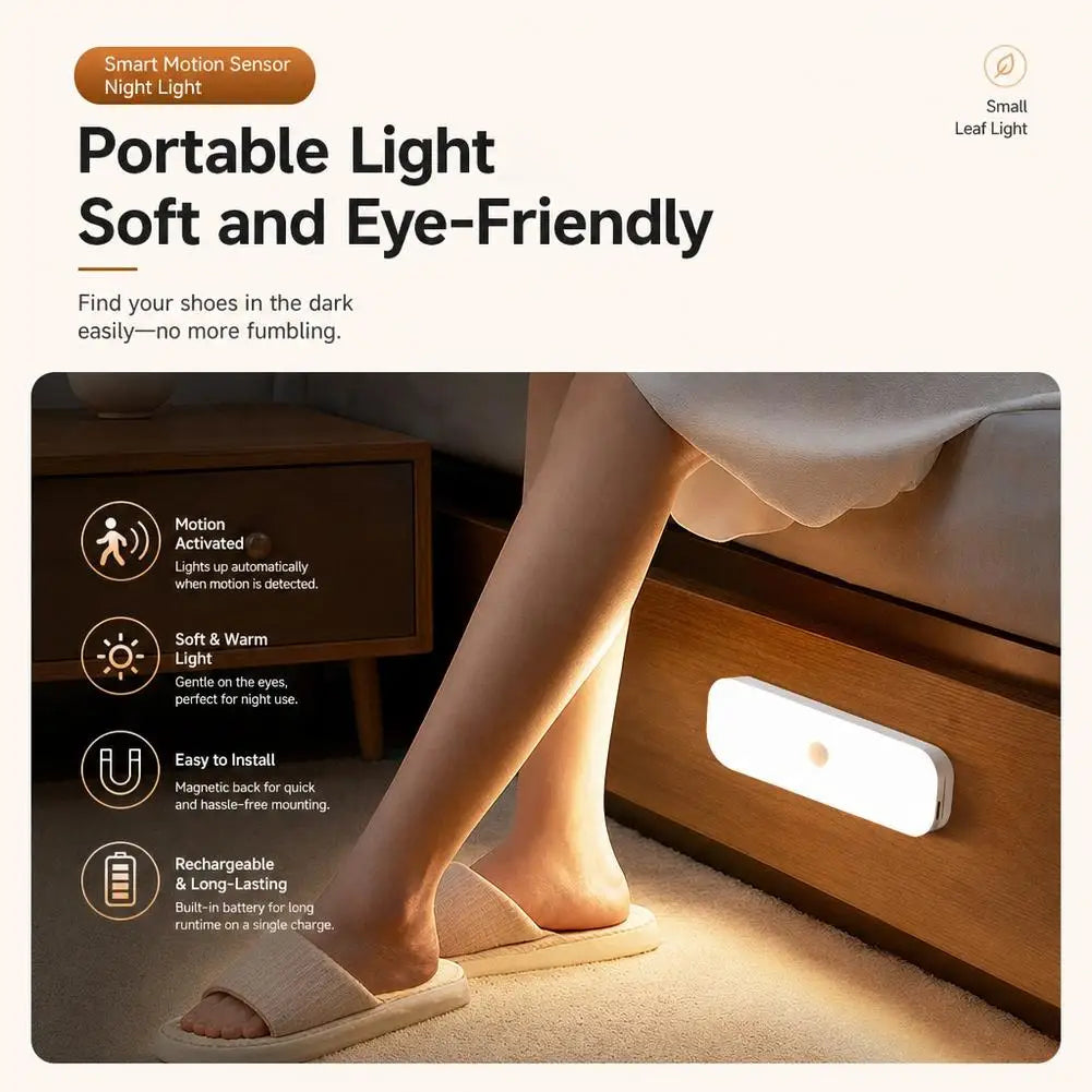 LED Motion Sensor Night Light USB Rechargeable Magnetic Under Cabinet Lighting Wireless Closet Lamp For Kitchen Wardrobe