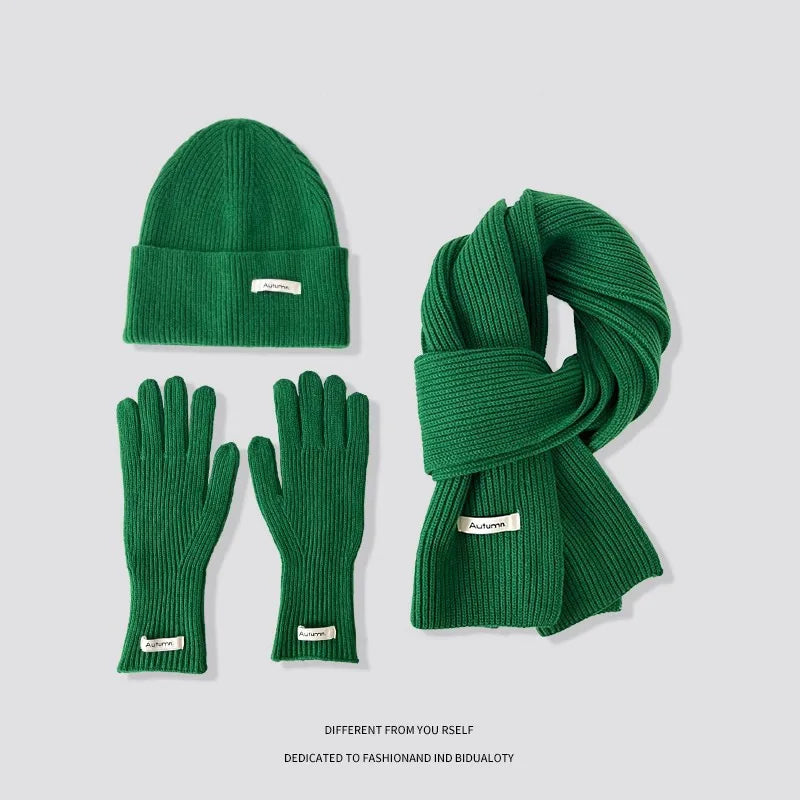 Knitted Winter Scarf Woman Solid Color Hat Scarf Gloves Women's Windproof Adult Three-piece Set Fashion Women's Scarf Hat Set