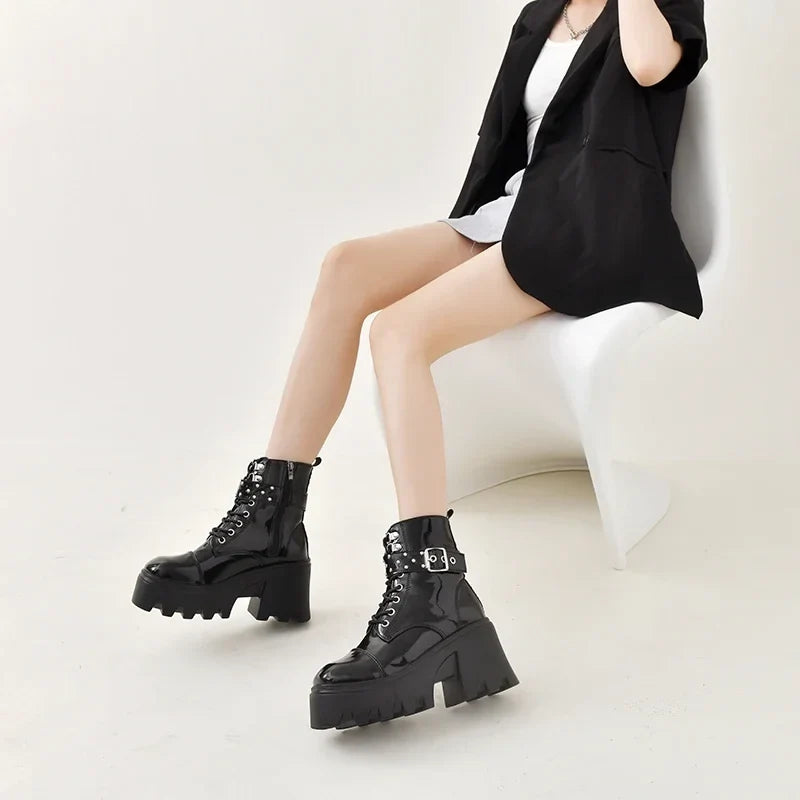 2024 Platform Thick Gothic Boots Lady Buckle Autumn Shoes Women Wedges Knee High Boots Punk Street  Motorcycle Chain