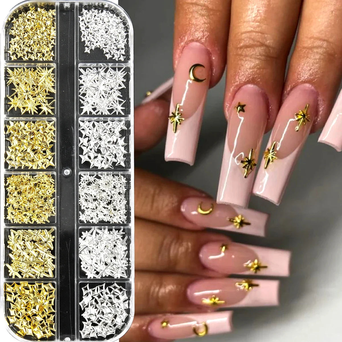 6/12Grids Gold Star Moon Metallic Rivet 3D Nail Charms Alloy Sun Moon Starlight Rhinestones Nail Studs For Nail Art Decoration