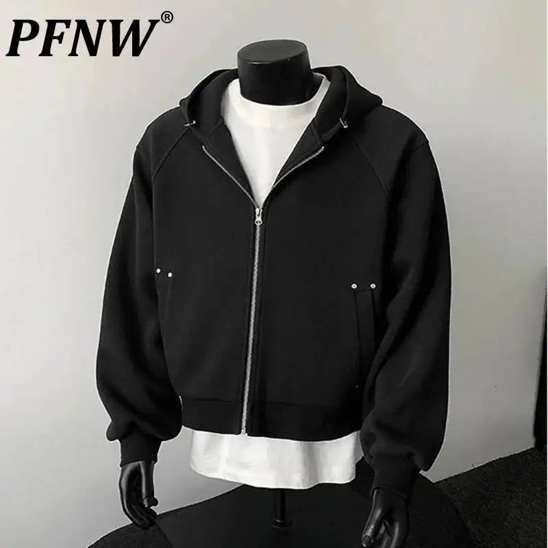 PFNW New Autumn Men's Sweatshirt 2025 Solid Color With Hat Long Sleeve Zipper Korea Fashion Male Tops 28W8776