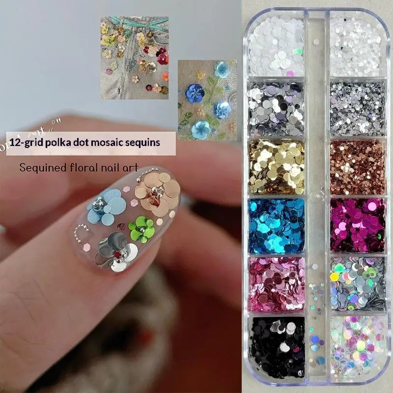 *12 Grids Mixed Mini Circular Colorful Nail Glitter Wave Point Sequin Sparkling Flower DIY Nail Decoration Nail Charms