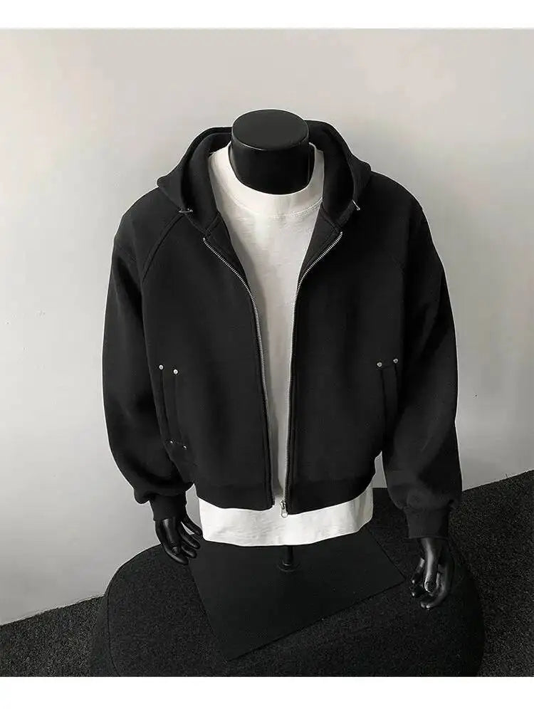 PFNW New Autumn Men's Sweatshirt 2025 Solid Color With Hat Long Sleeve Zipper Korea Fashion Male Tops 28W8776