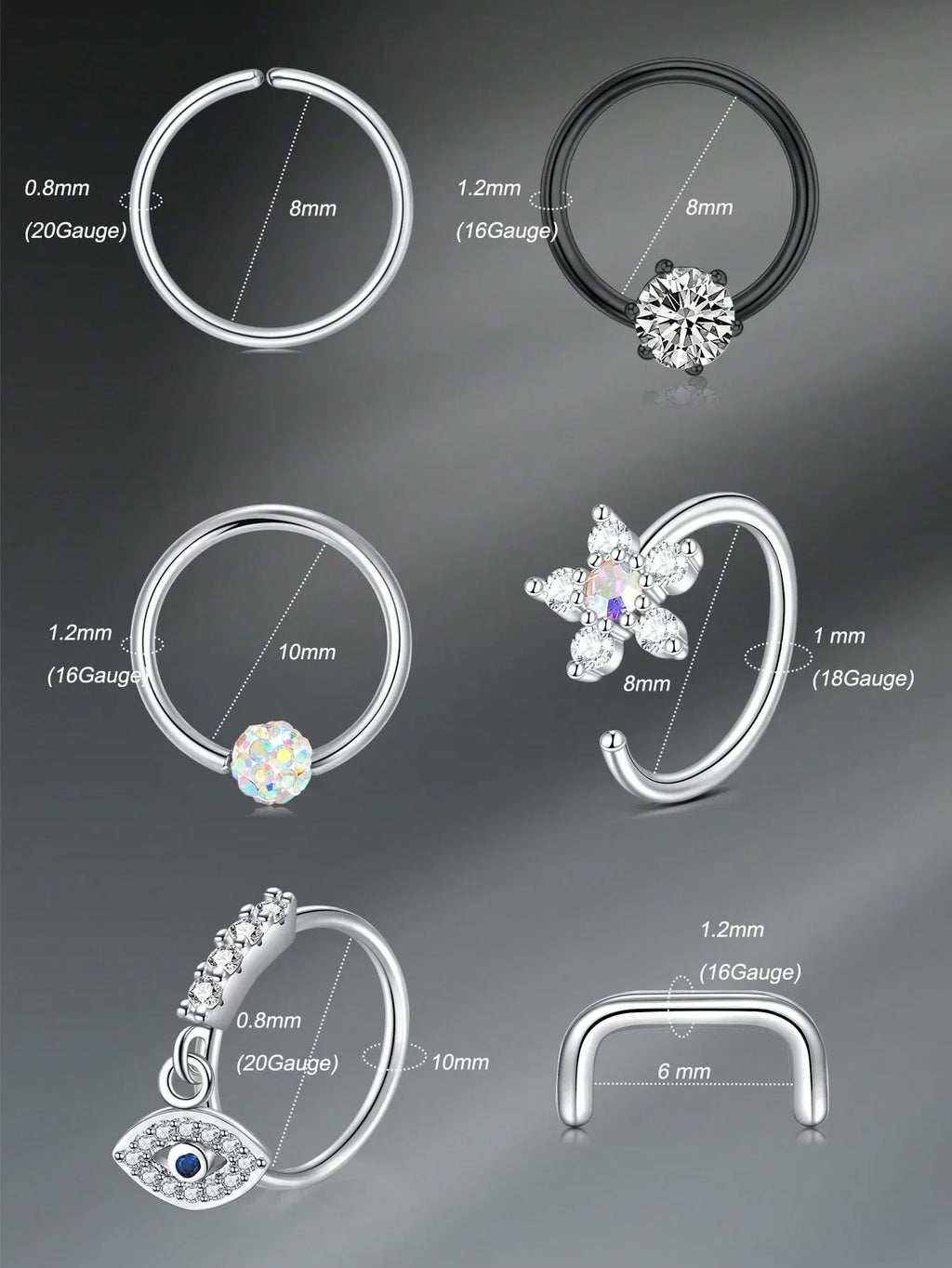1pc Stainless Steel Nose Septum Clicker 20G 16G Flower Cubic Zirconia Decorated Piercing Nose Ring, Suitable For Daily Wear