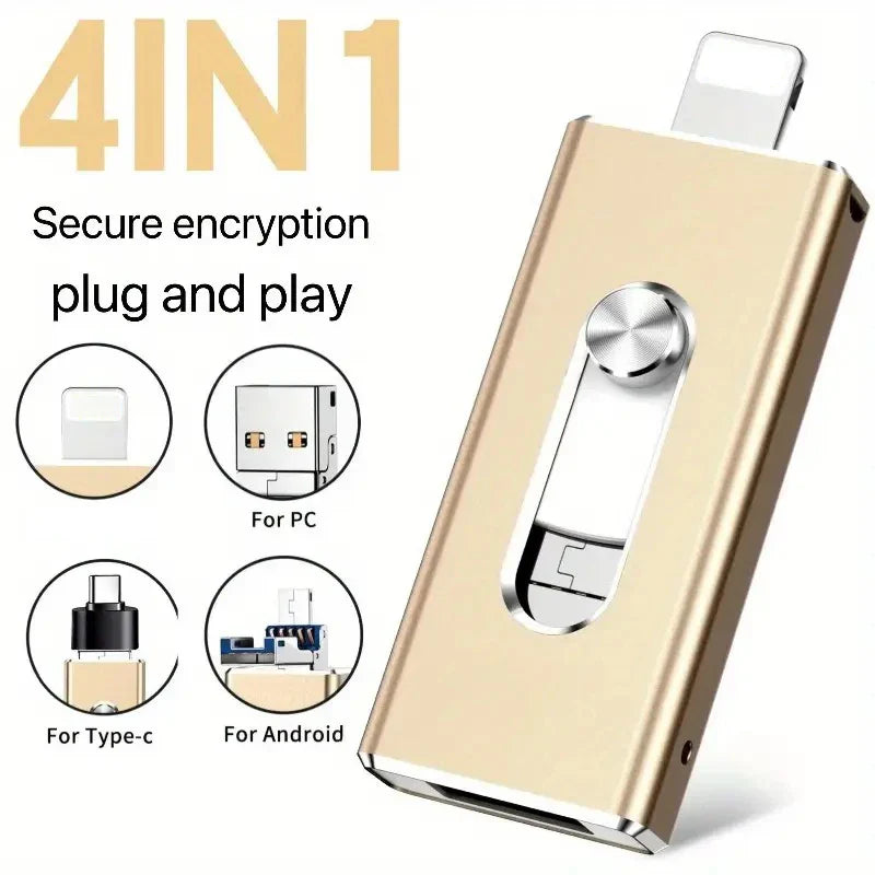4-in-1 High-Speed USB 3.0 Flash Drive for iPhone & Type-C & Android & PC, Portable External Drive Photo Stick Memory Stick