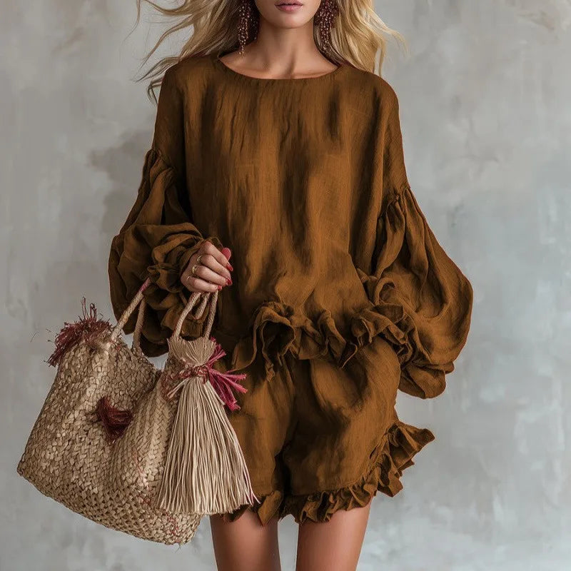 Women's Fashion Loose Lantern Sleeve Top & Ruffled Shorts Two-piece Set for Spring and Summer