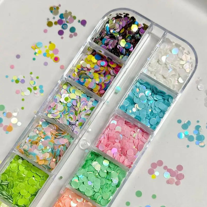 *12 Grids Mixed Mini Circular Colorful Nail Glitter Wave Point Sequin Sparkling Flower DIY Nail Decoration Nail Charms