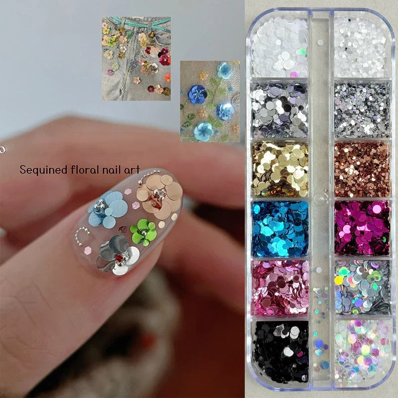 3D Spliced Flower Polka Dot Nail Art Sequins 12 Grids Retro 1-3mm Round Nail Glitter Sparkling Flakes Nail Charms Manicure Decro