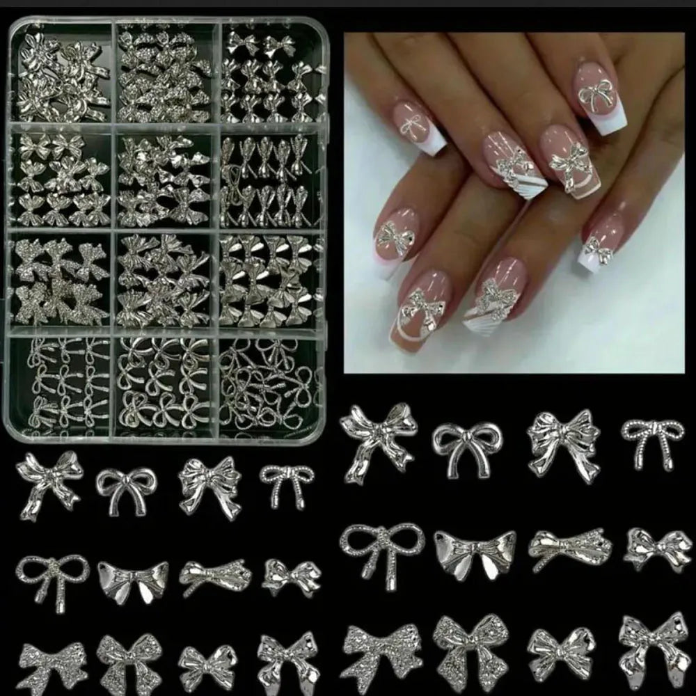 120Pcs/Box 3D Silver Exquisite Bowknot Nail Charms Simple Alloy Ribbon Bowtie Nail Art Decorations DIY Luxury Manicure Accessory