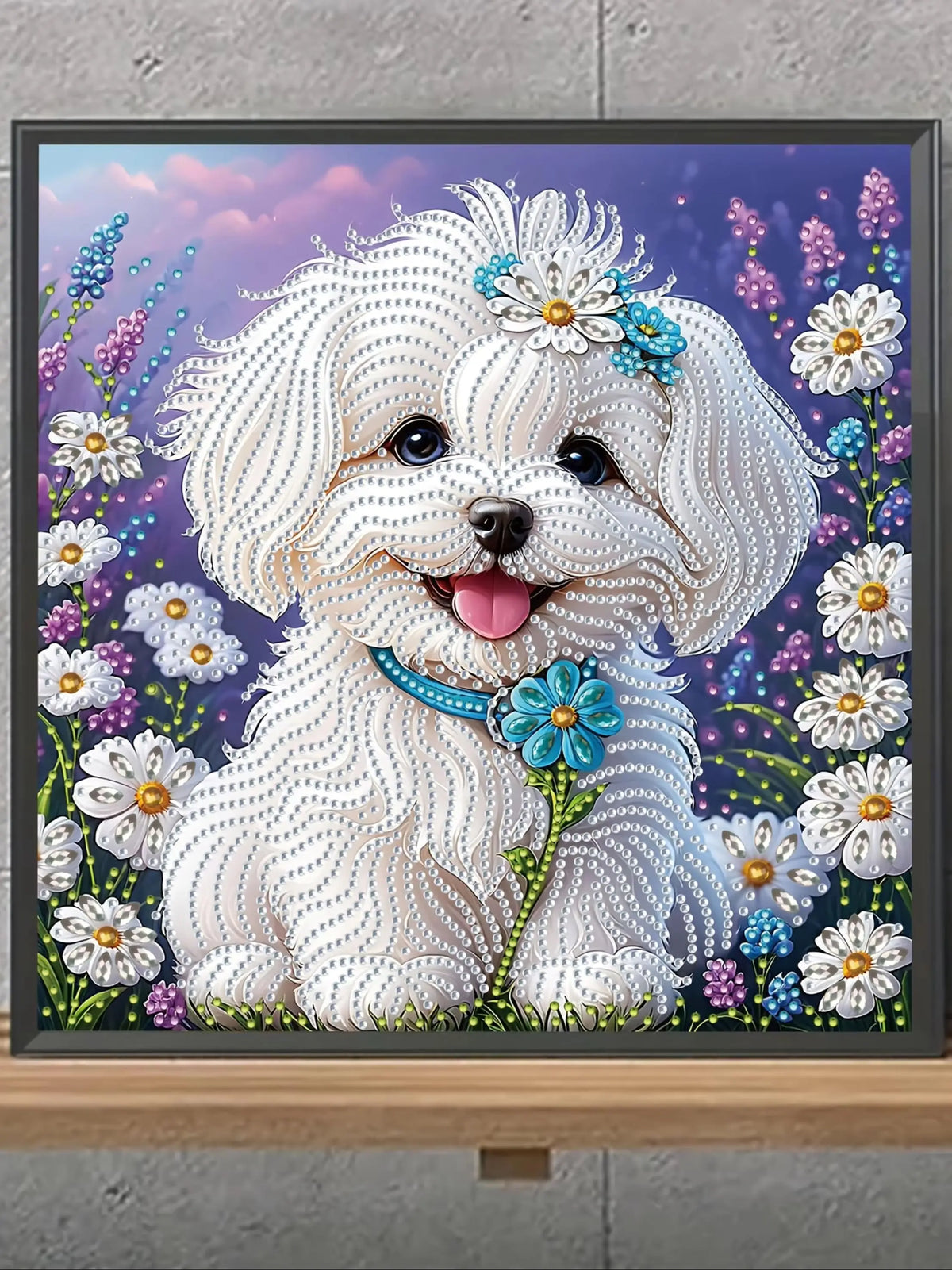 A set of "White Puppy Wearing Flowers" 5D Diamond Painting Kit, DIY handmade craft, partially adorned with irregular diamonds
