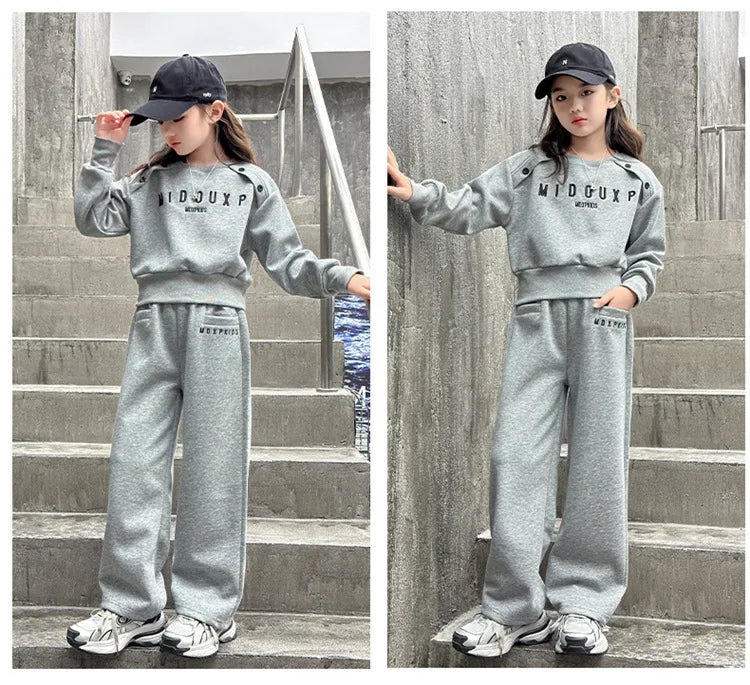 2025 teenager Gray girls Sport Suit winter spring Clothes Long Sleeve sweatshirt & wide leg Pant Casual 4 8 10 11 12 Years