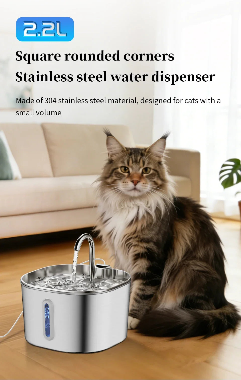 Large Capacity Cat Water Fountain Stainless Steel Automatic Pet Drinking Fountain for Indoor Cats Dogs Quiet Cat Water Dispener