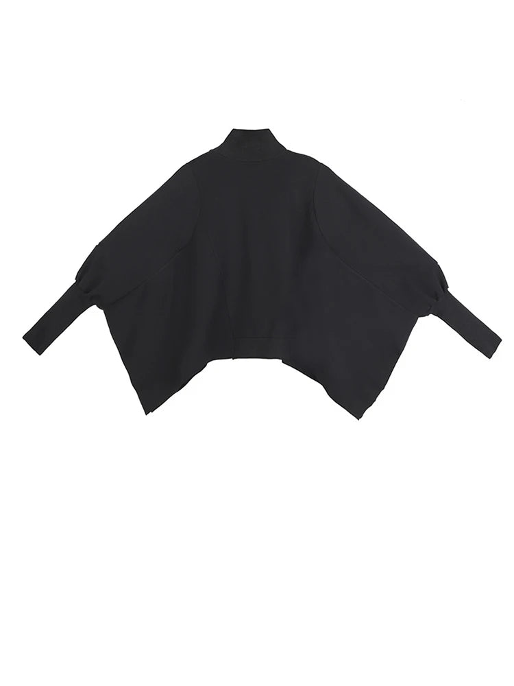 [EAM] Loose Fit Black Asymmetrical Big Size Sweatshirt New Turtleneck Long Sleeve Women Big Size Fashion Tide Spring 2026 OA869