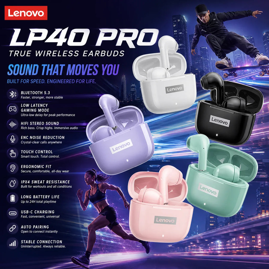NEW Lenovo LP40 Pro TWS Bluetooth 5.3 Quick Connect Earphones  Ergonomic  Design  Headphones Powerful Transmission Speed Headset