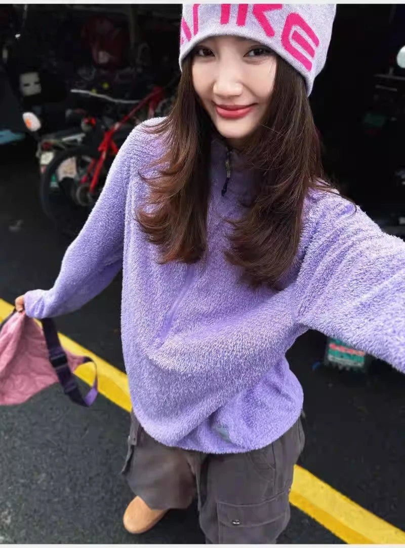 Women's Half-Zip Stand Collar Sweatshirt, Versatile Air Fleece Base Layer for Outdoor Camping, Hiking, Cycling