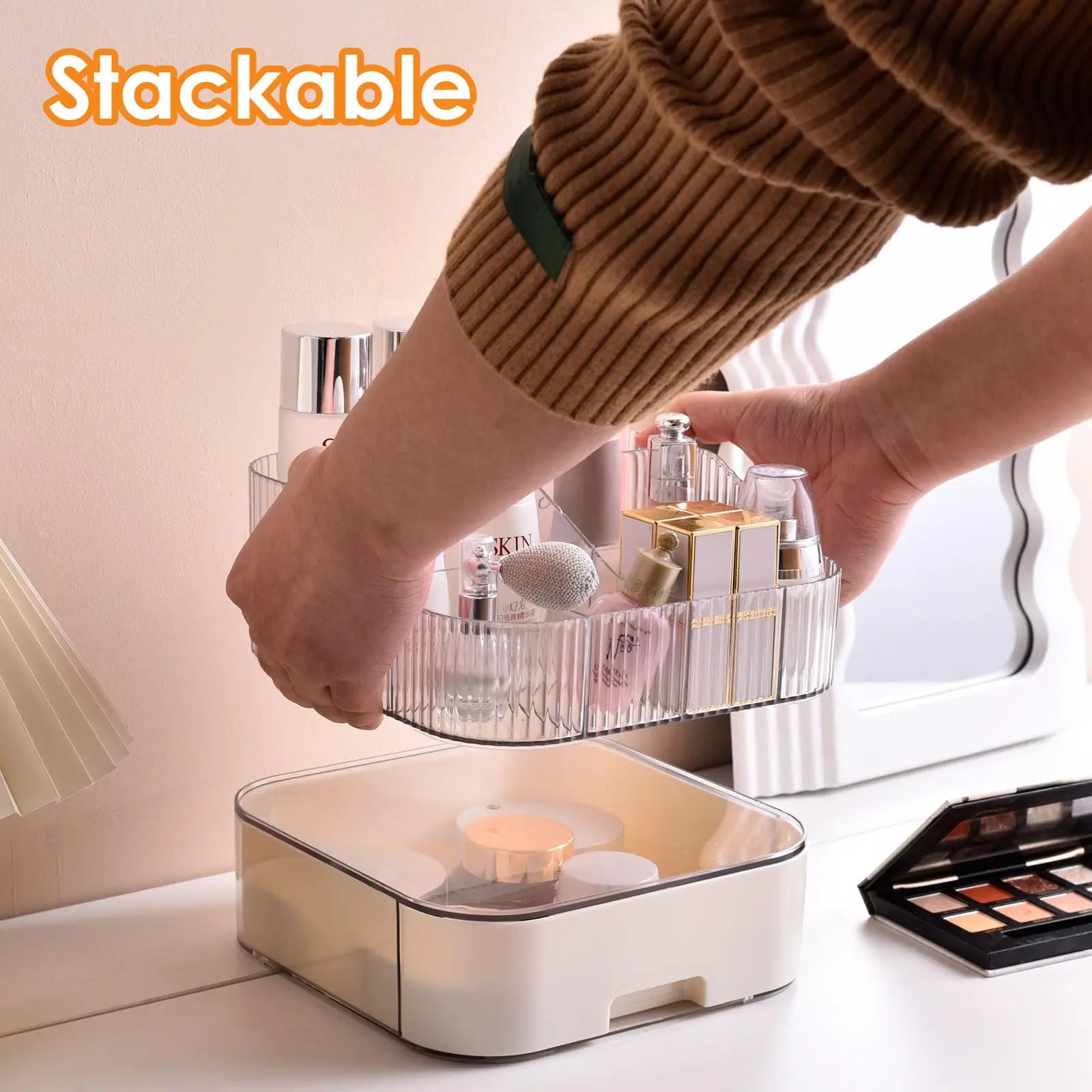 Makeup Organizer with Stackable Drawer Countertop Vanity Cosmetics Organizers for Skincare Perfumes Lotions Lipsticks
