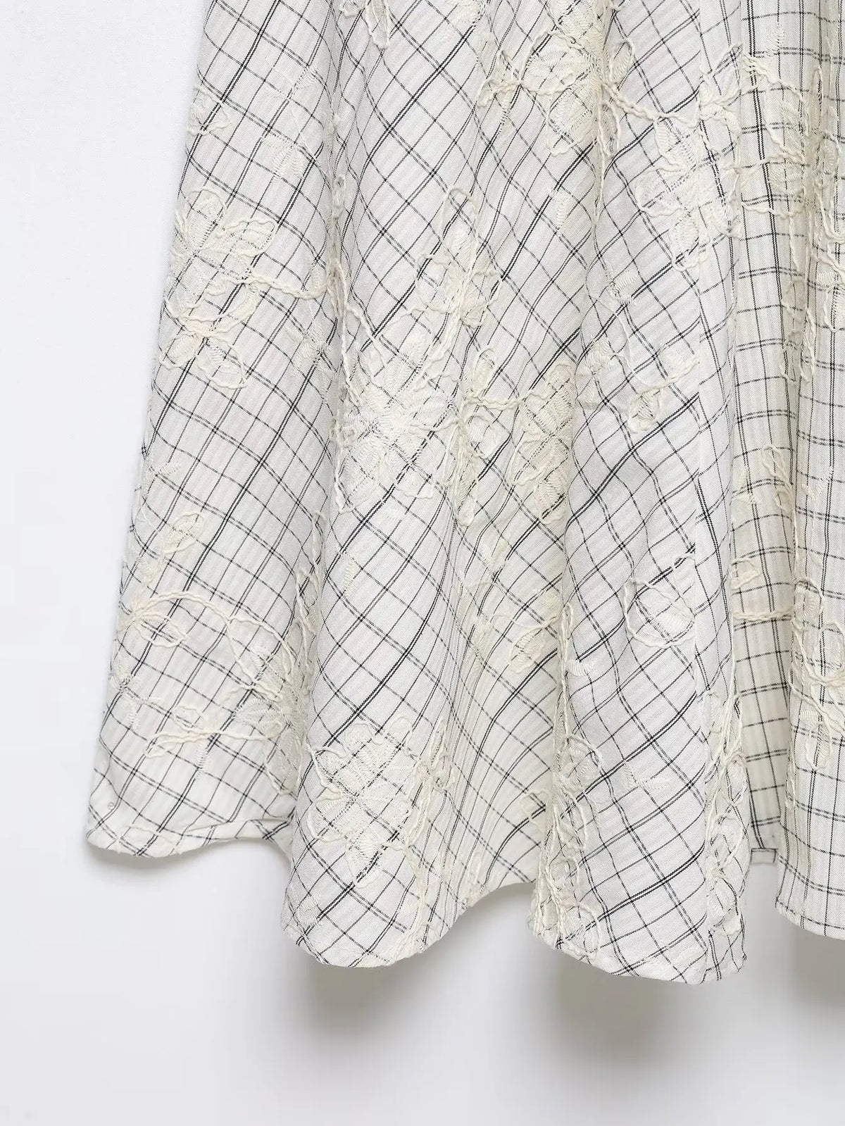 KONDALA Chic Embroidery Plaid Skirt Set Women Trendy 2026 Spring Summer Holidays Casual Set Puff Sleeve Shirts, A-Line Skirts