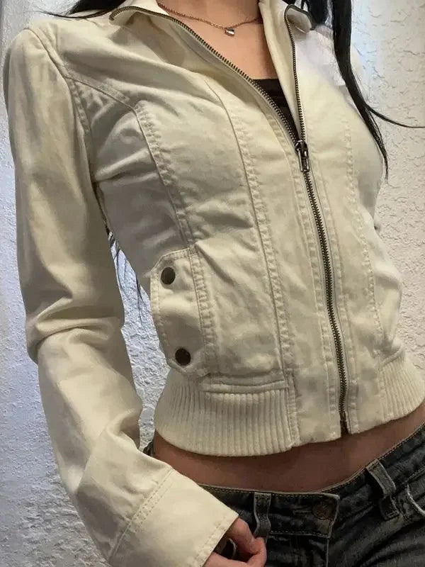 Vintage Cropped Jackets Women Harajuku Casual Slim Fit Zipper Coat Y2K Streetwear Long Sleeve Outerwear Autumn New Arrival