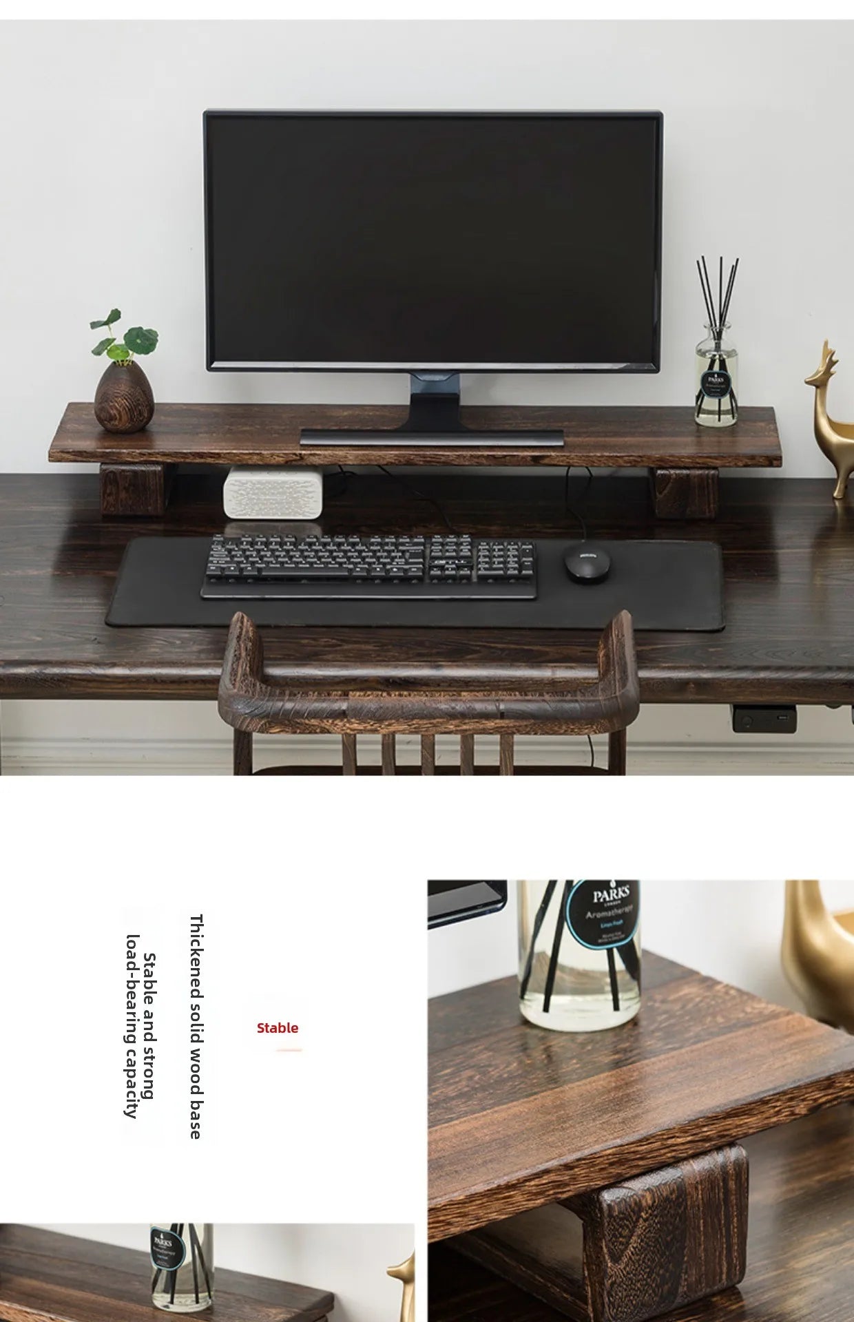 Solid Wood Monitor Stand Ergonomic Desktop Riser for Computer Screen Office Desk Organizer Natural Wooden Shelf & Laptop Stand