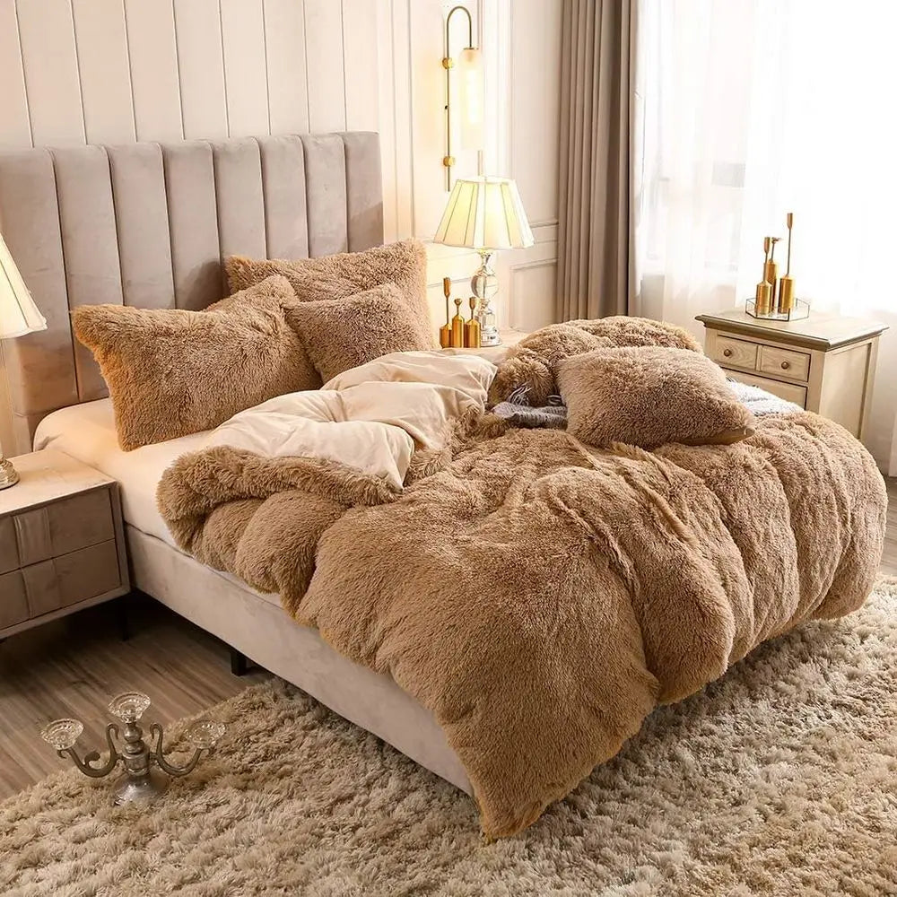 Camel King Size Faux Fur Velvet Plush Duvet Cover Set with Pillowcases, Ultra Soft & Warm