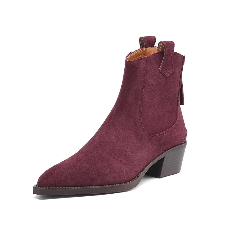 2025 Autumn Winter Trend Cow Suede Women Western Boots Black Brown Khaki Purple Green Burgundy Pointed Toe Ladies Ankle Boots