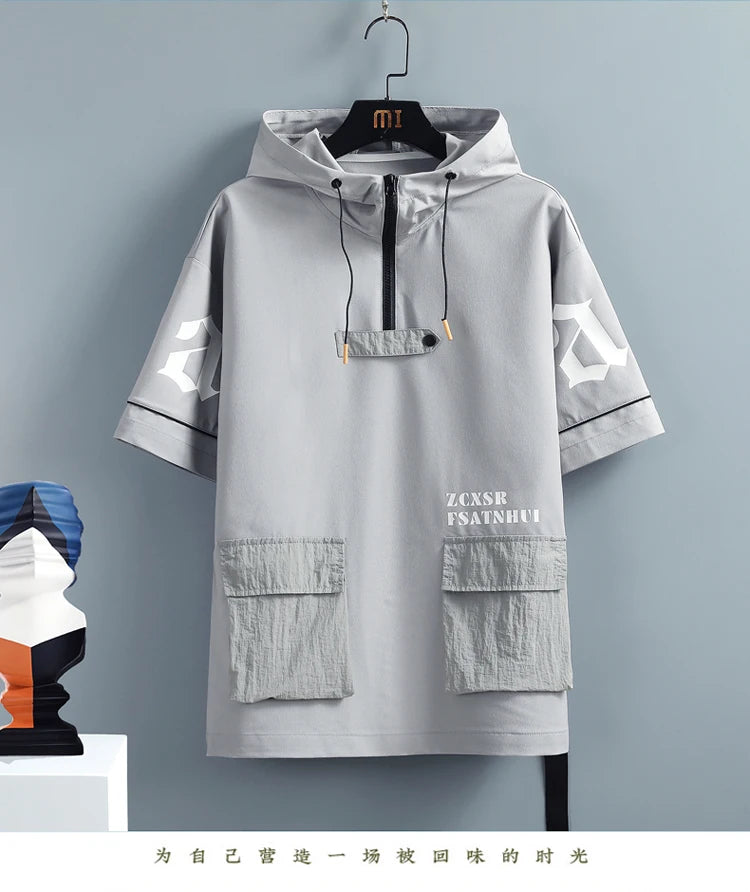 2 Pcs/Set Men Tracksuit Short Sleeve Hoodies+Pants Hooded Elastic Waist Summer Hip Hop Sweatshirt Sweatpants Loose Set
