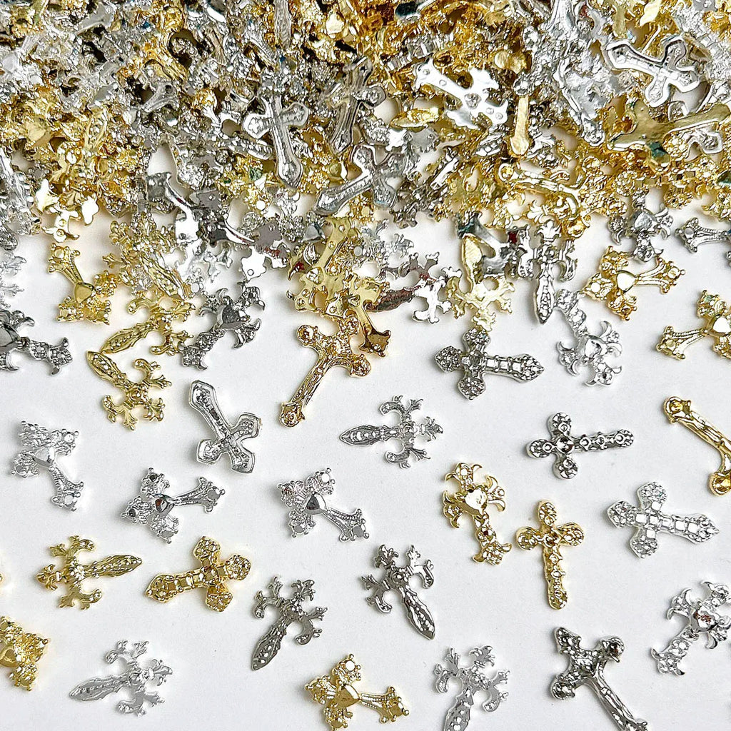20PCS 3D Light Luxury Classic Cross Nail Charms Creative Exquisite Retro Alloy Cross Nail Art Decorations for DIY Cool Manicure