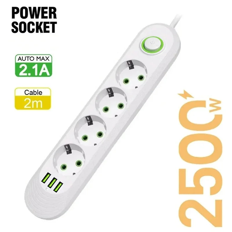 2500W EU Plug AC Outlet Multiprise Power Strip Extension Cord EU Socket Network Filter With USB Ports Charging 1pc