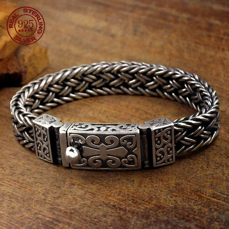 Powerful S925 pure silver vintage pattern woven bracelet, suitable for both men and women, fashionable jewelry gift for everyone