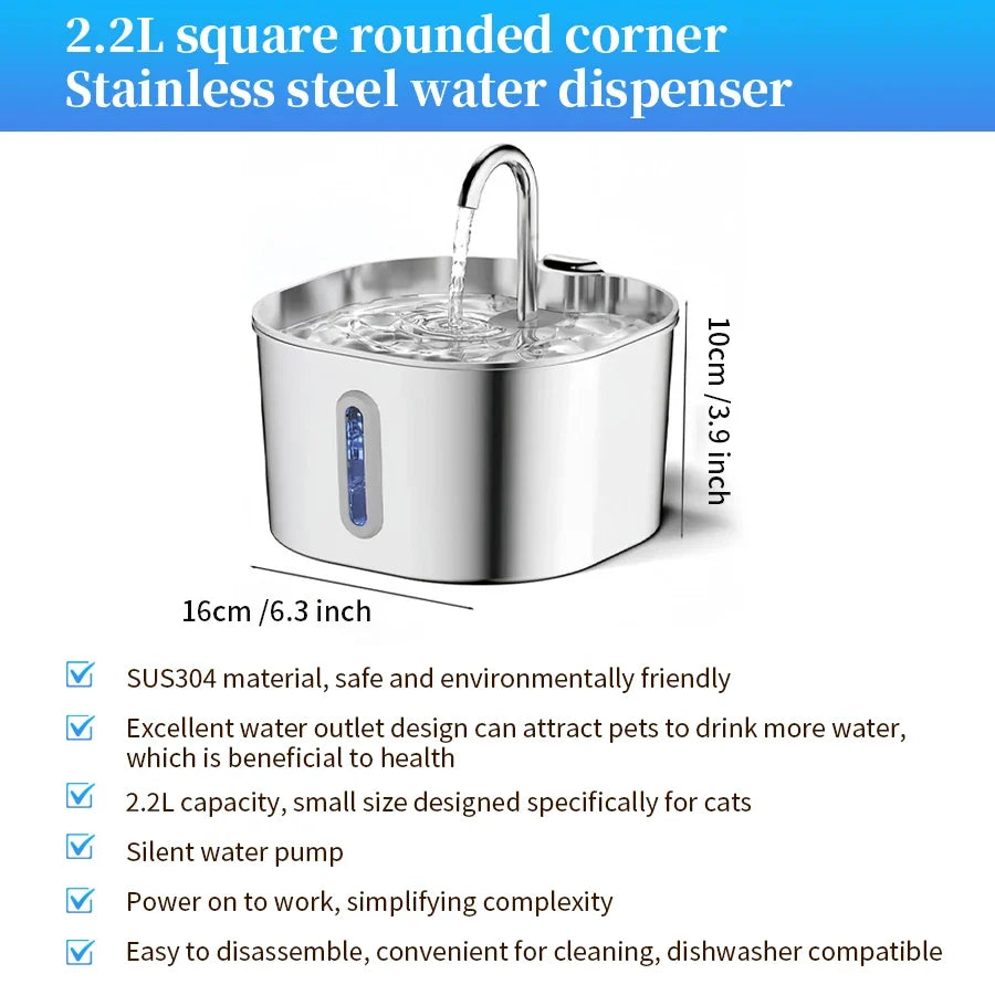 Large Capacity Cat Water Fountain Stainless Steel Automatic Pet Drinking Fountain for Indoor Cats Dogs Quiet Cat Water Dispener