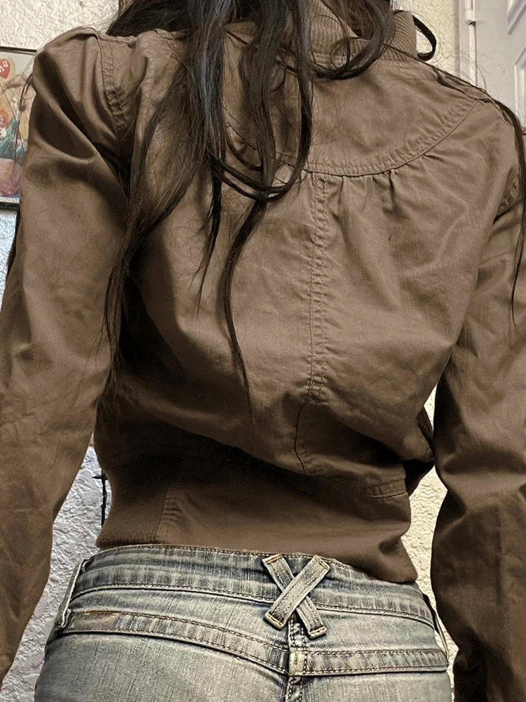 Vintage Cropped Jackets Women Harajuku Casual Slim Fit Zipper Coat Y2K Streetwear Long Sleeve Outerwear Autumn New Arrival