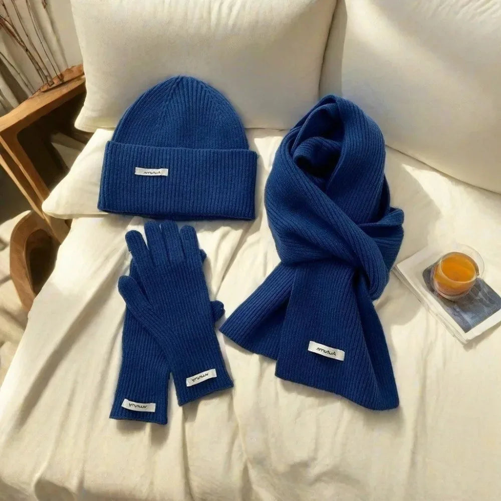 Knitted Winter Scarf Woman Solid Color Hat Scarf Gloves Women's Windproof Adult Three-piece Set Fashion Women's Scarf Hat Set