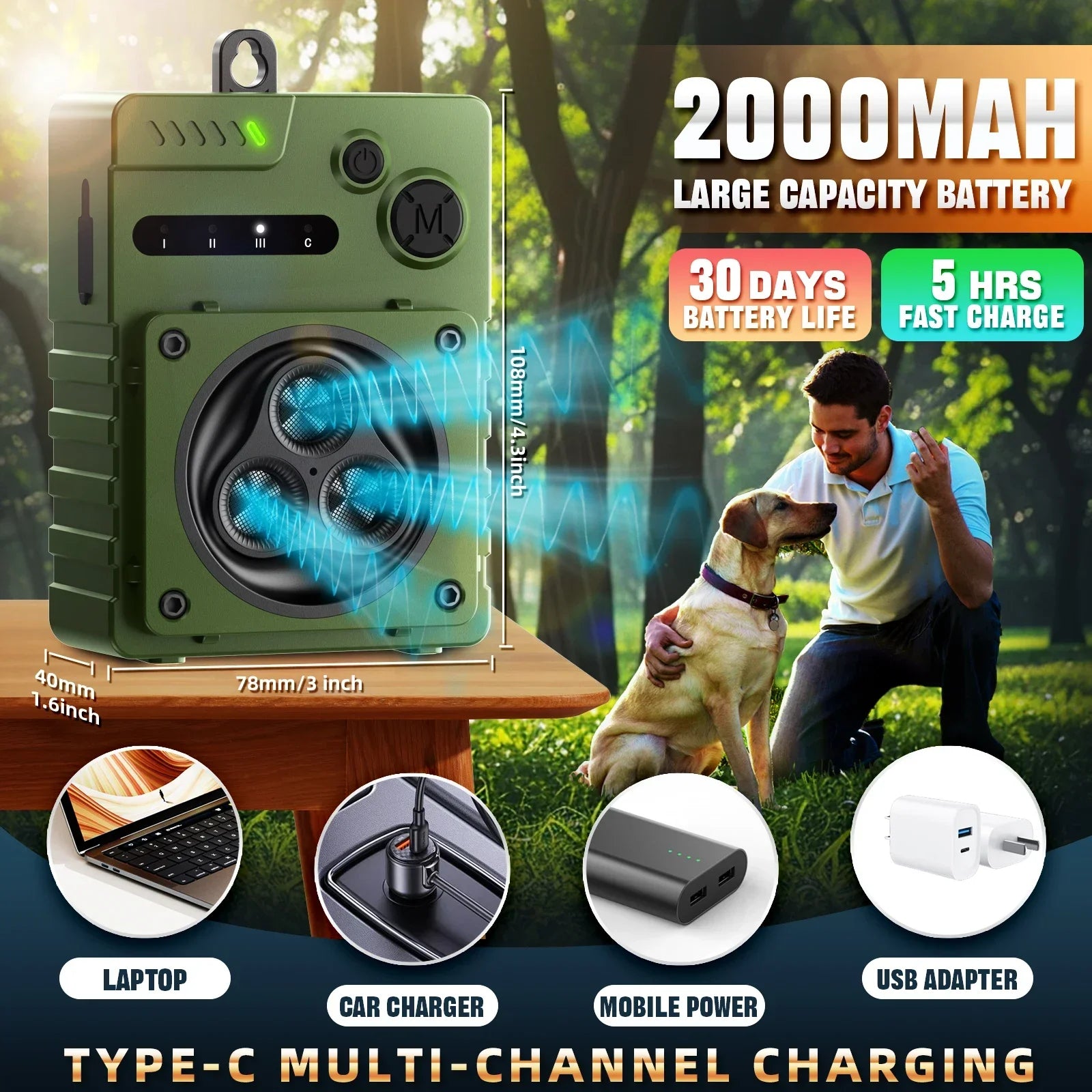 Ultrasonic Dog Anti Bark Device Rechargeable Dog Barking Stopper Indoor & Outdoor High Power Repeller Bark Repellent Automatic