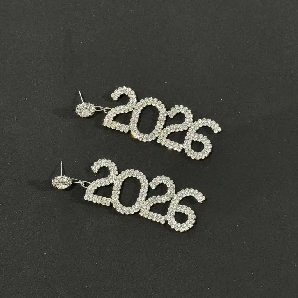 New Full Diamond New Year's Number 2026 Earrings, Christmas Gifts, Personalized Water Diamond Earnail Accessories