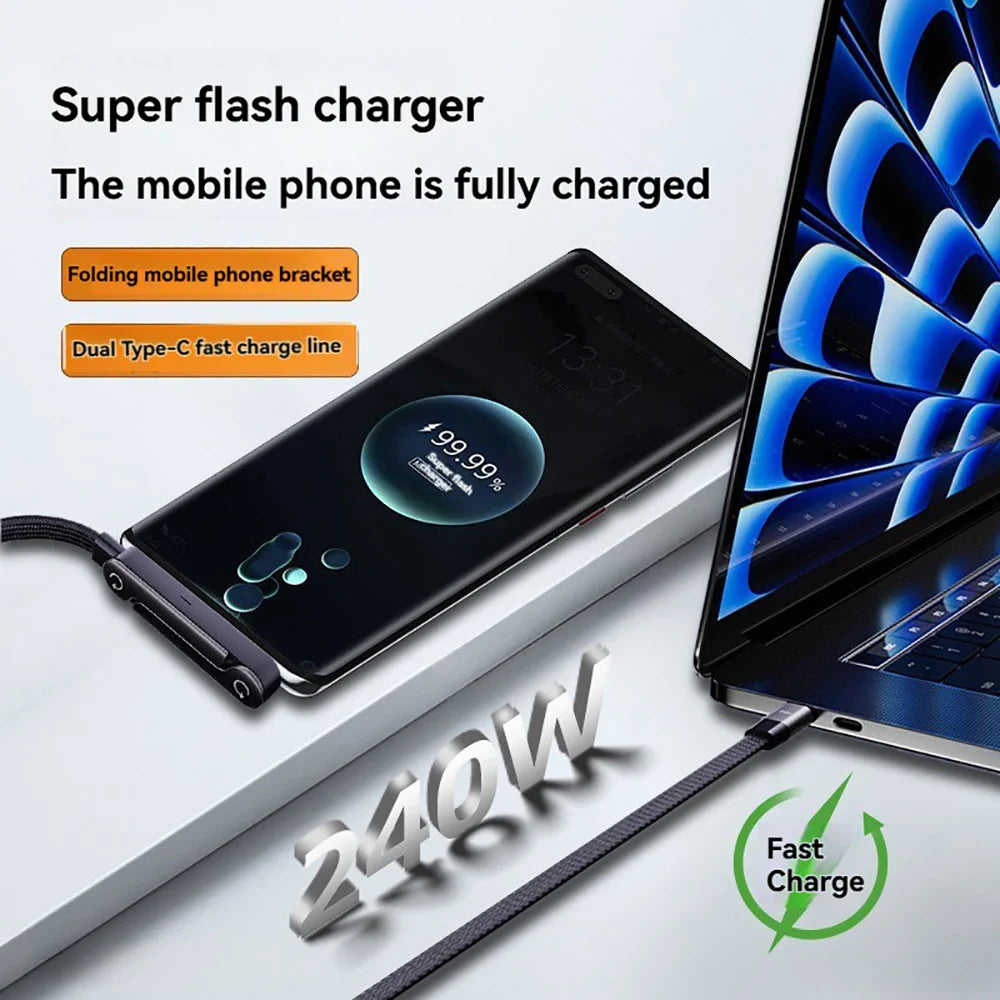 240W Super Fast Charge Type-C Foldable Charging Cable with Stand 2-in-1 Universal Data Cord for Phones Portable Charger Line