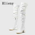 Hlieny 2026 Winter New Thigh High Boots Fashion Patent Leather Round Toe Zip Female Square Heels Pleated Design Women's Shoes