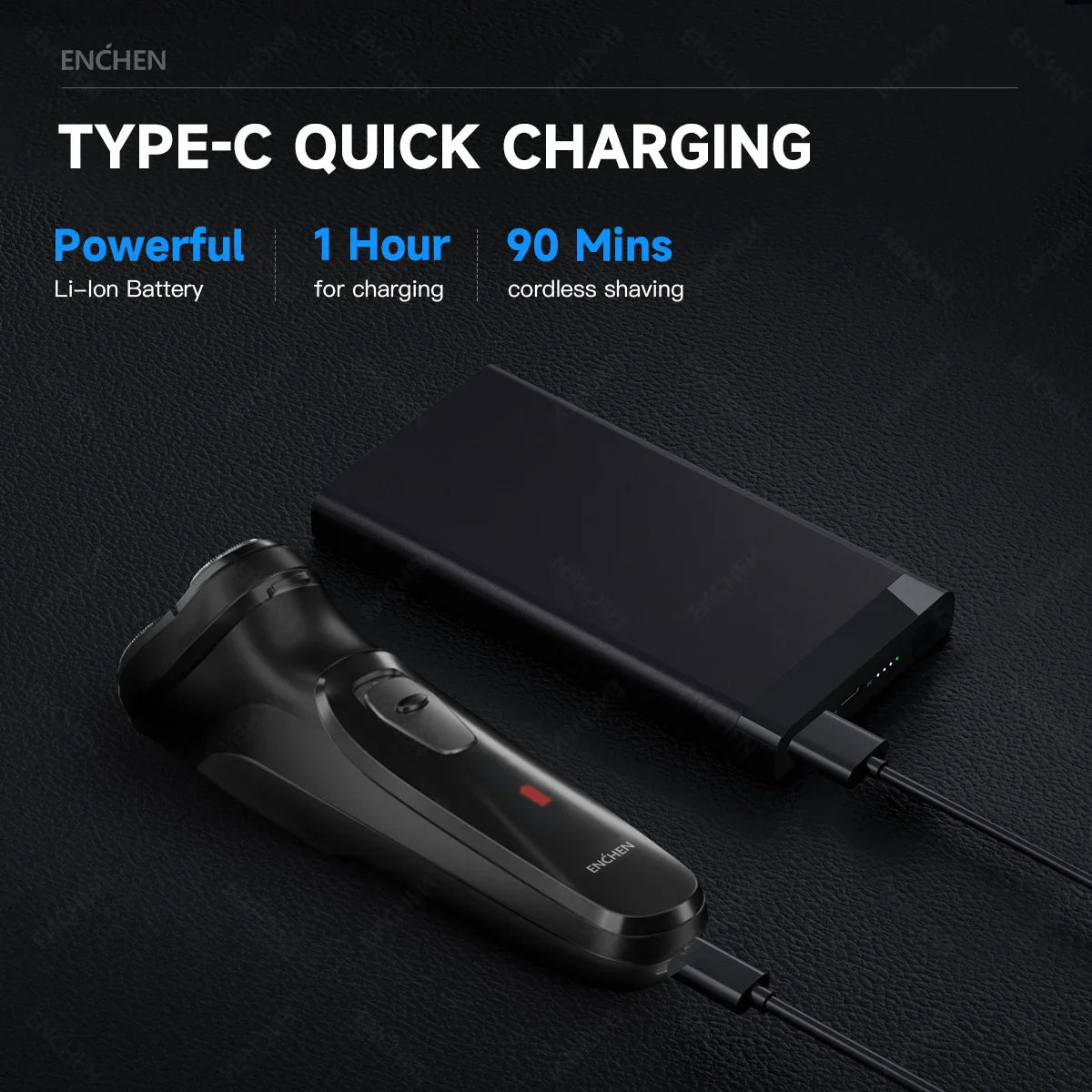 ENCHEN Blackstone Electrical Rotary Shaver for Men 3D Floating Blade Washable Type-C USB Rechargeable Shaving Beard Machine