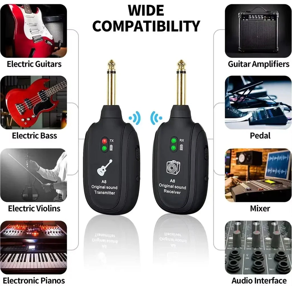 A8 Guitar Wireless System - Built-in Rechargeable Transmitter & Receiver for Electric Guitar/Bass