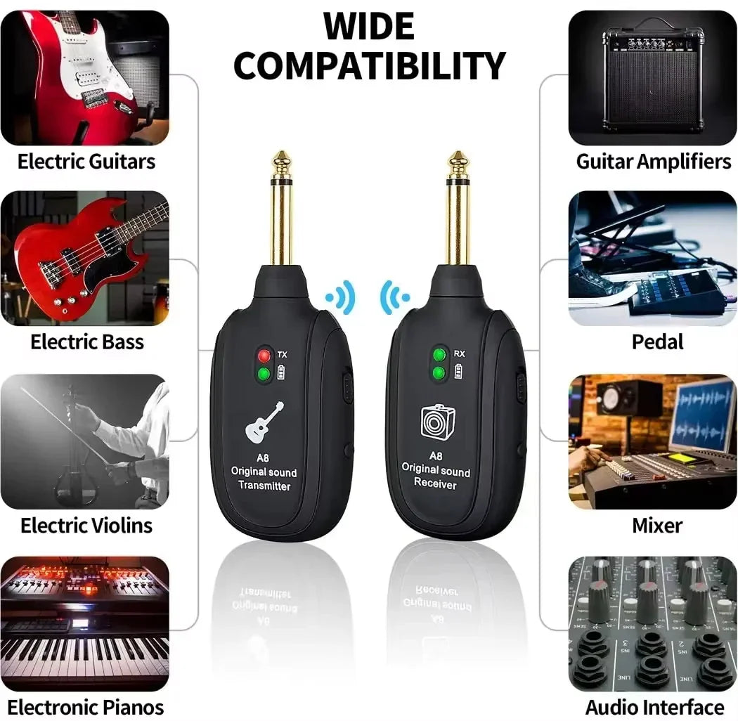 A8 Guitar Wireless System - Built-in Rechargeable Transmitter & Receiver for Electric Guitar/Bass