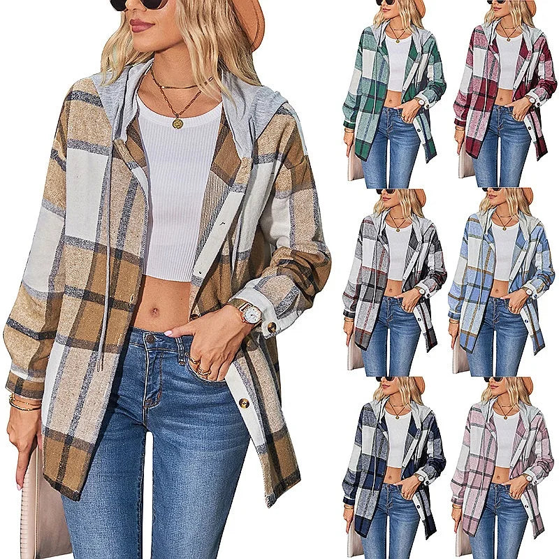 Women Hooded Plaid Wool Coat Blouse Top Spring Summer Fashion Outerwear