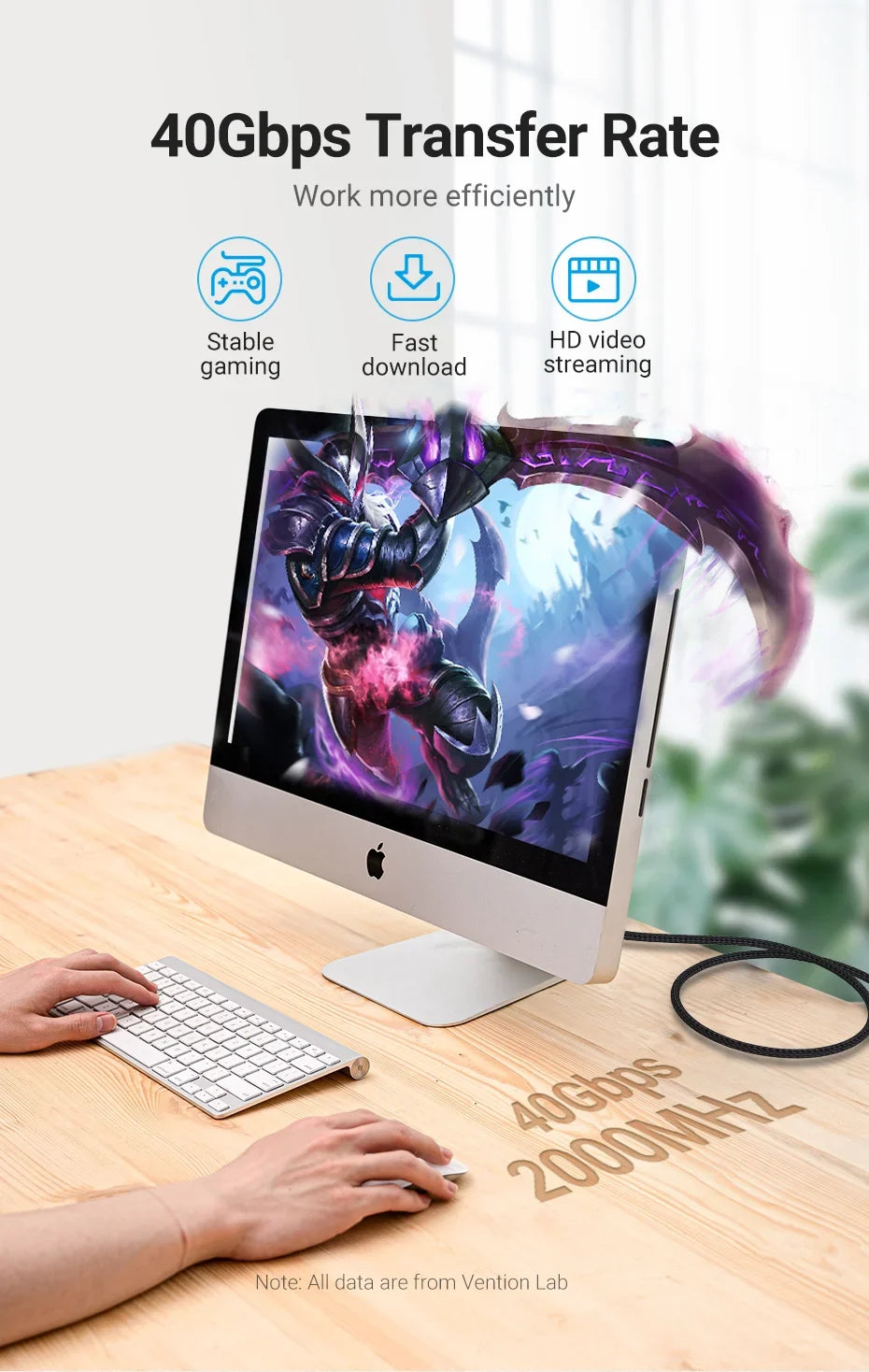 Vention CAT8 Ethernet Cable 40Gbps 2000MHz CAT 8 Networking Cotton Braided Internet Lan Cord for Laptops PS 5 Router RJ45 Cable