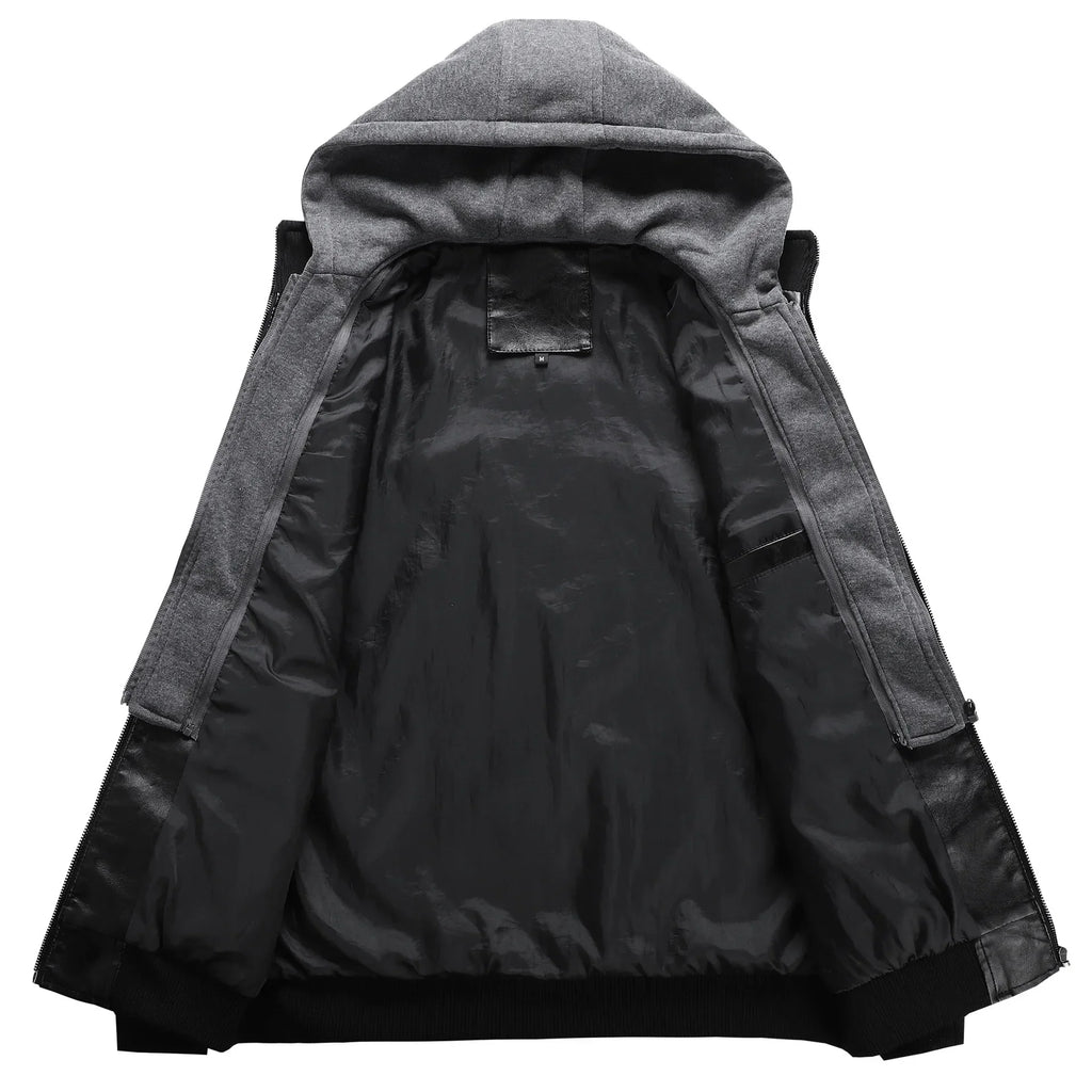 US Size Luxury Quality PU Jacket Men New Winter Faux Two-Piece Hooded Leather Jacket Casual Coat