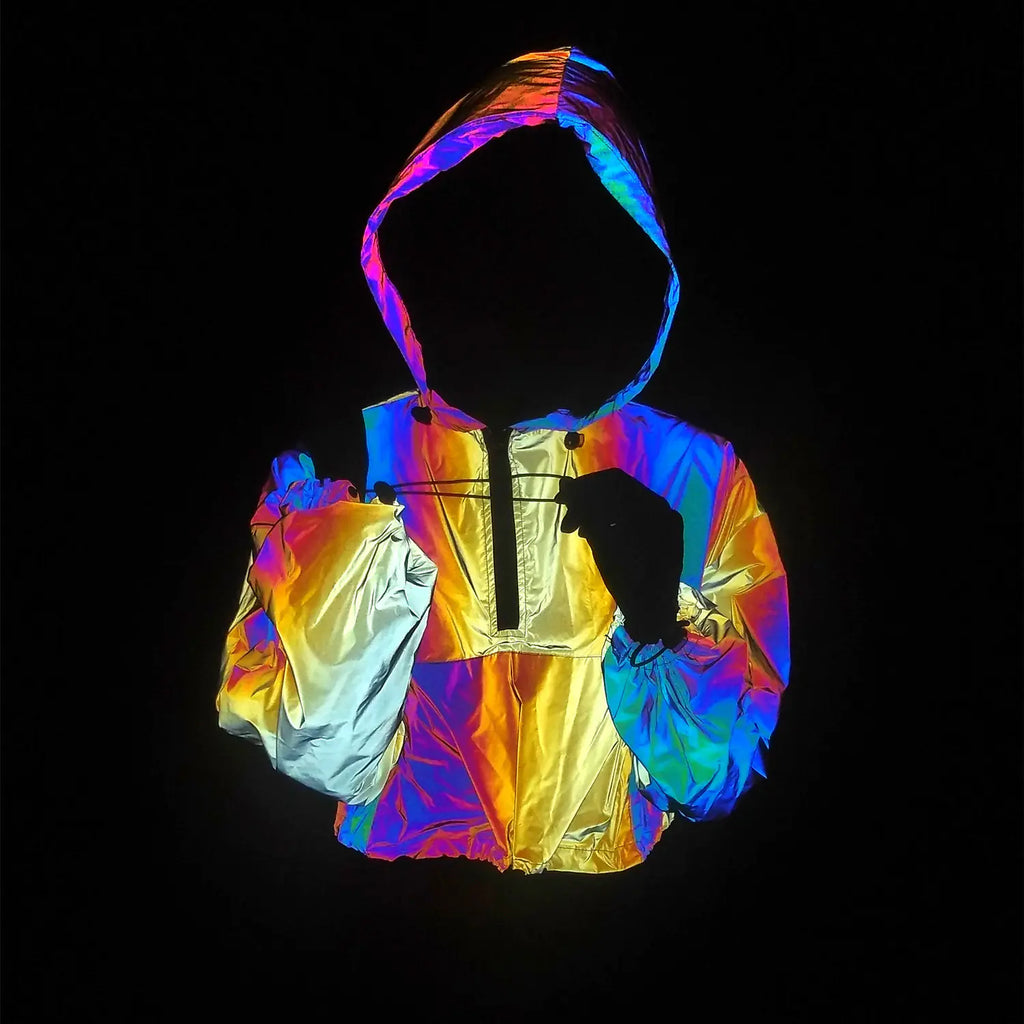 Women's Colorful Reflective Hooded Jacket Crop Top